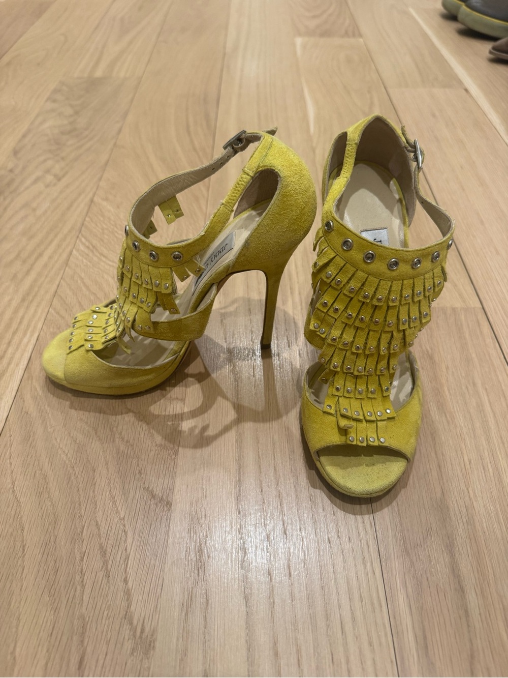 Jimmy Choo Yellow Suede Fringe Studded Stiletto Sandals